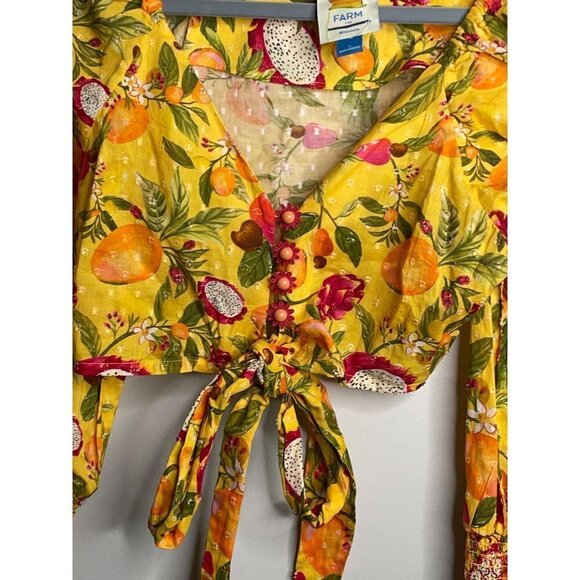 NWT Farm Rio Anthropologie Deep-V Tie-Waist Yellow Crop Top Size S Colorful - Picture 6 of 9